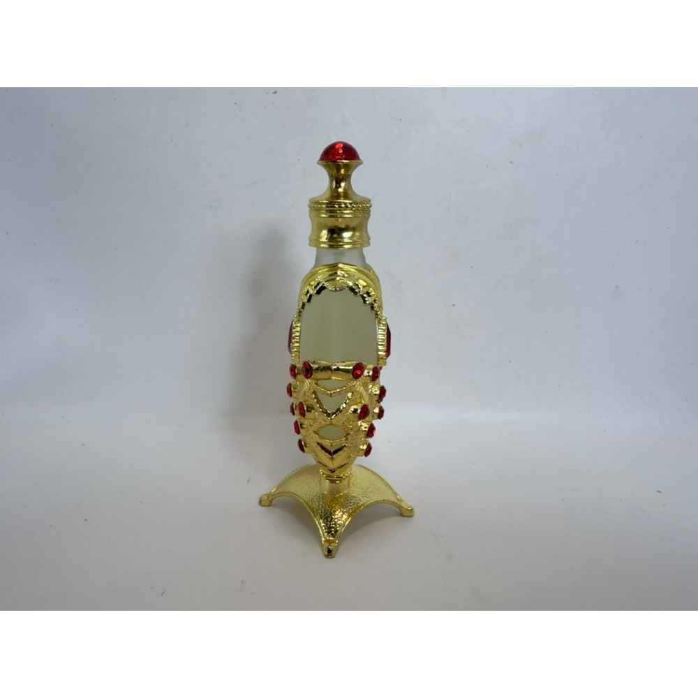 Vintage Style Gold Filigree Perfume Bottle Frosted Glass Red Rhinestones 5.25" - Picture 2 of 5